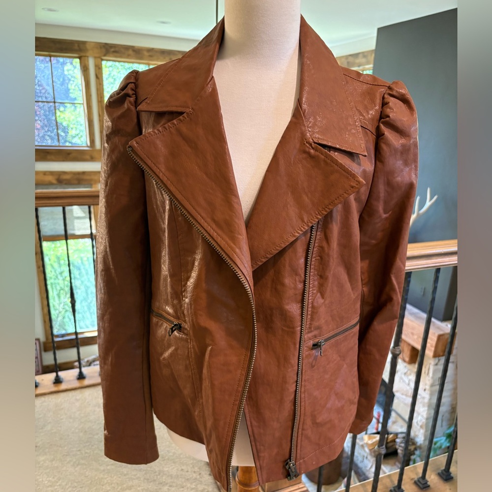 Anthropologie Faux Leather Puff Sleeve Jacket Coat Sz L